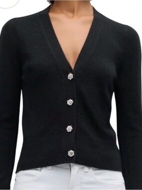 Veronica Beard Black V-Neck Cardigan with Crystal Buttons